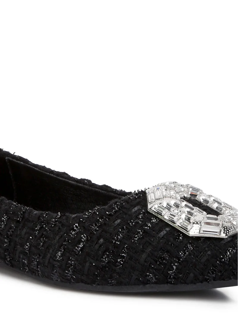 London Rag Embellished Jewel Buckle Tweed Ballet Flats in Black