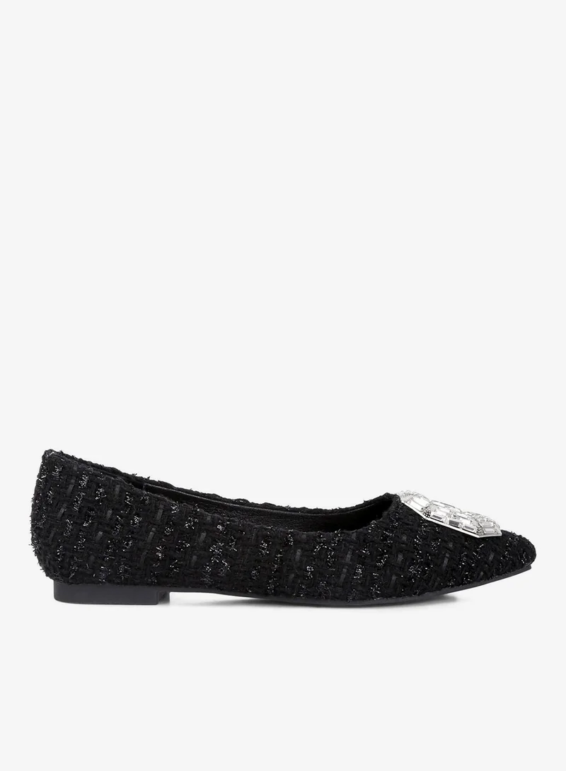 Embellished Jewel Buckle Tweed Ballet Flats in Black