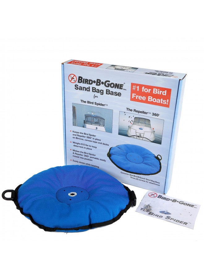 BIRD.B.GONE Bird B Gone - Weighted Sand Bag Base (6.5 lbs) - Stabilizer for Bird Spider 360 & Repeller 360 Deterrents - Weatherproof Blue Canvas - for Boats and Docks - Portable - Installation Hardware Included - Image 1