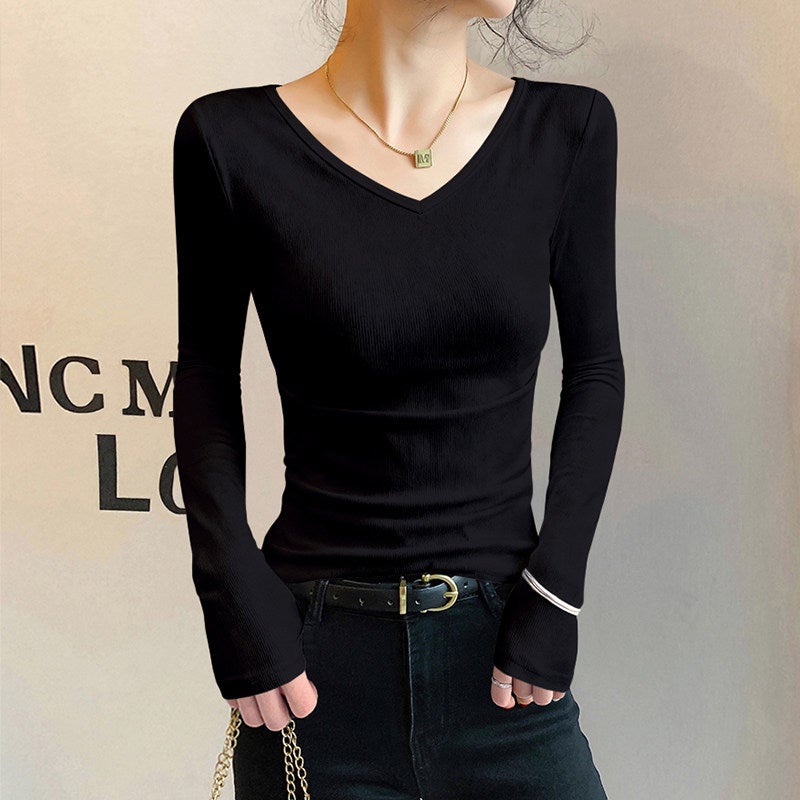 V-neck long-sleeved T-shirt for women in spring, autumn, and winter, slim-fit inner wear, chicken heart collar, modal base shirt, anti-aging temperament, popular top - Image 3