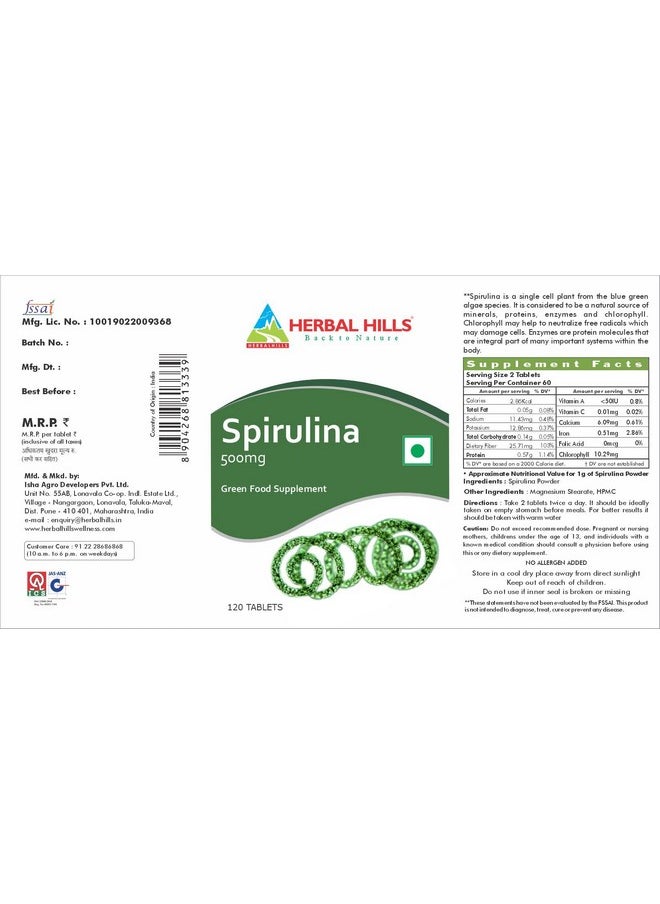 HERBAL HILLS Herbal Hills Spirulina Tablets (120 Count Pack of 1)  - Image 2