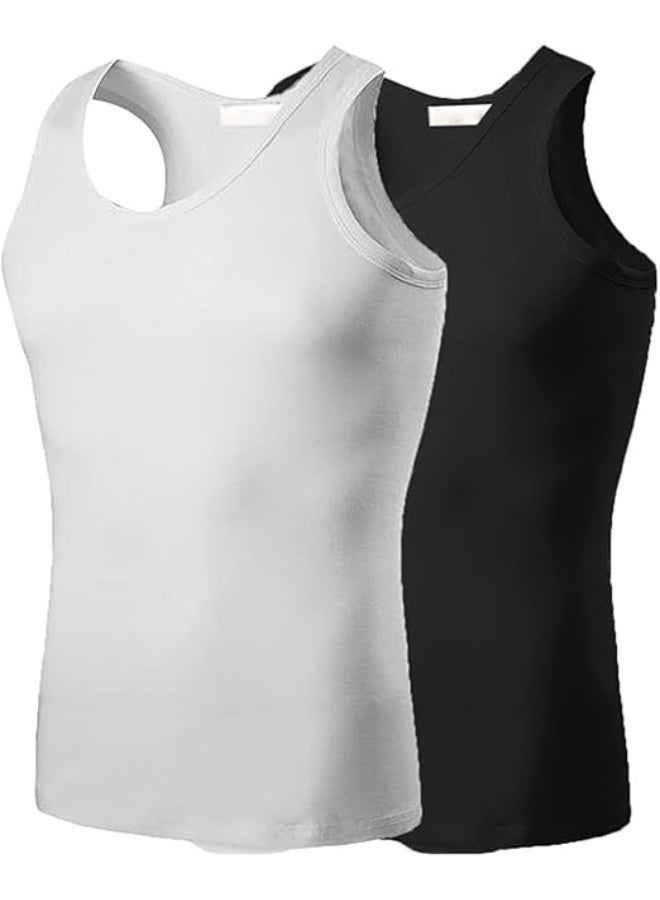 تانك توب رجالي، 2 قطعة، أبيض وأسود، قطن مرن، مضاد للانكماش، مناسب للتمارين الرياضية والارتداء اليومي - Image 1