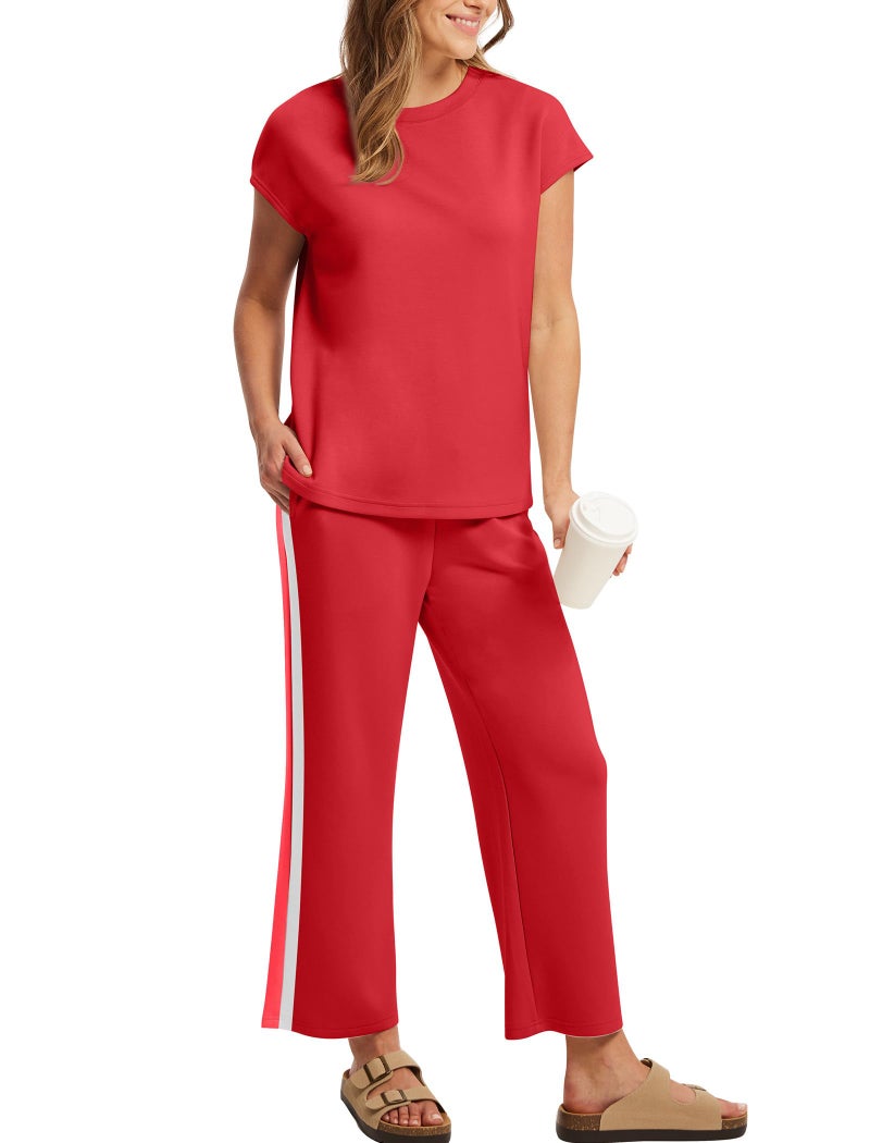 Sampeel Two Piece Sets for Women Christmas Outfits Holiday Trendy Spring Lounge Sets Round Neck Matching Set Women Clothing Pajama Set Red M - Image 4