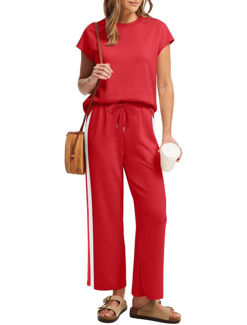 Sampeel Two Piece Sets for Women Christmas Outfits Holiday Trendy Spring Lounge Sets Round Neck Matching Set Women Clothing Pajama Set Red M - Image 3