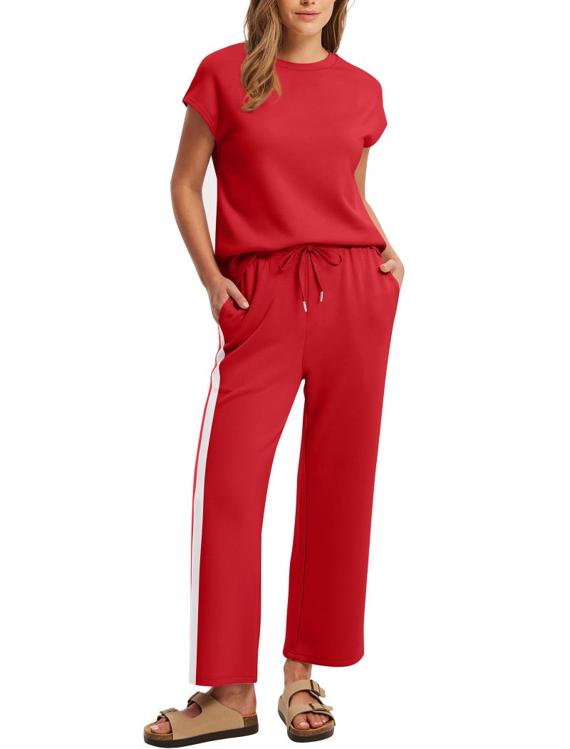 Sampeel Two Piece Sets for Women Christmas Outfits Holiday Trendy Spring Lounge Sets Round Neck Matching Set Women Clothing Pajama Set Red M - Image 2