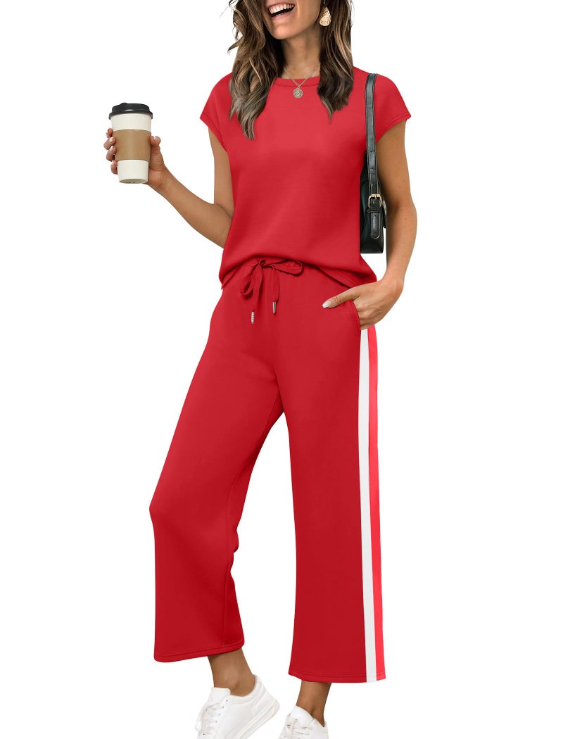 Sampeel Two Piece Sets for Women Christmas Outfits Holiday Trendy Spring Lounge Sets Round Neck Matching Set Women Clothing Pajama Set Red M - Image 1