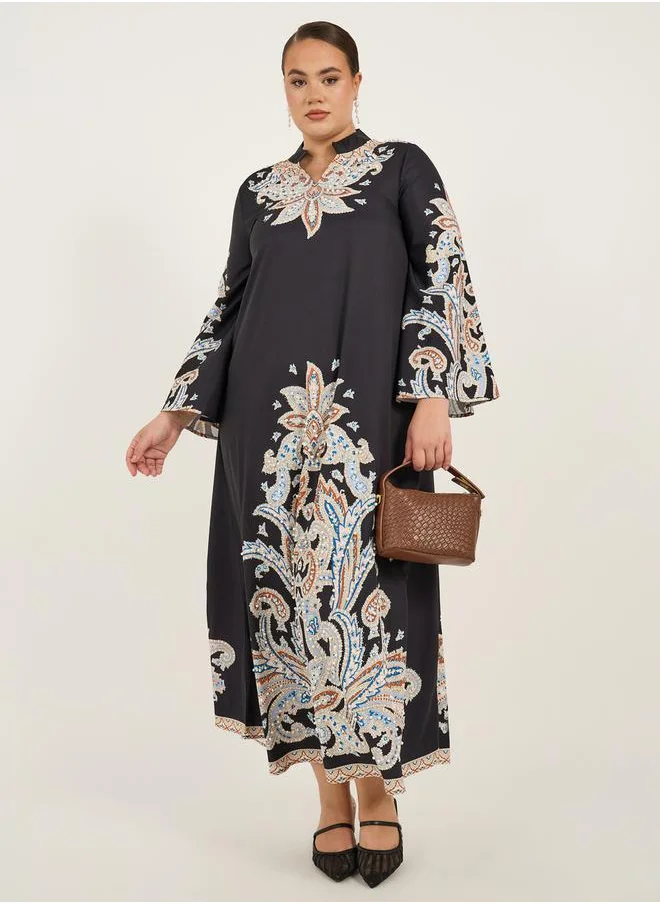 ستايلي Plus Size Stand Collar Printed A-Line Jalabyia