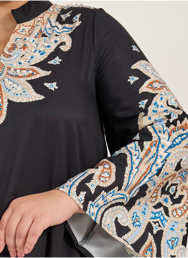 Styli Plus Size Stand Collar Printed A-Line Jalabyia  - Image 4