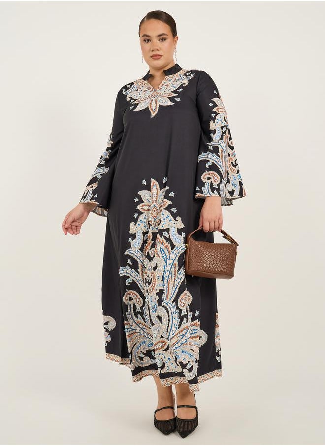 Styli Plus Size Stand Collar Printed A-Line Jalabyia  - Image 1