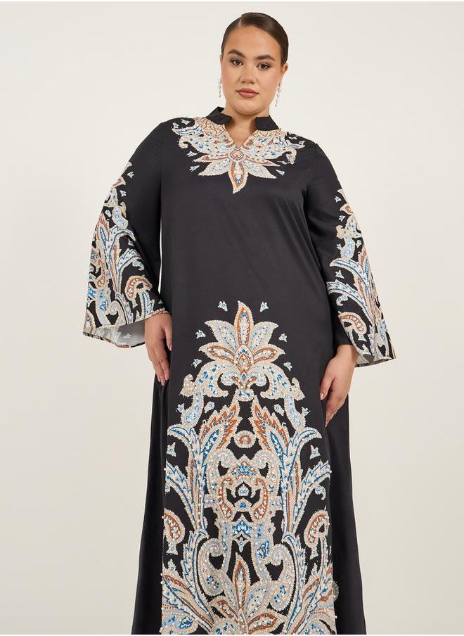 Styli Plus Size Stand Collar Printed A-Line Jalabyia  - Image 3
