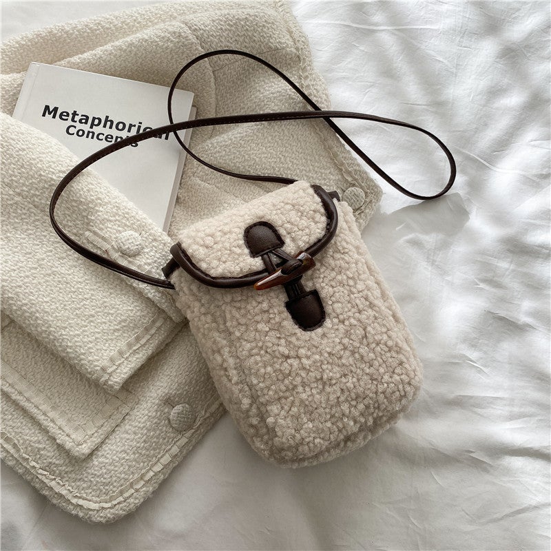 New Mao Mao Bag Mobile Phone Bag Contrast Color Simple Stylish Shoulder Crossbody Small Bag Women'S Vintage Lamb Fleece Bag - Image 2