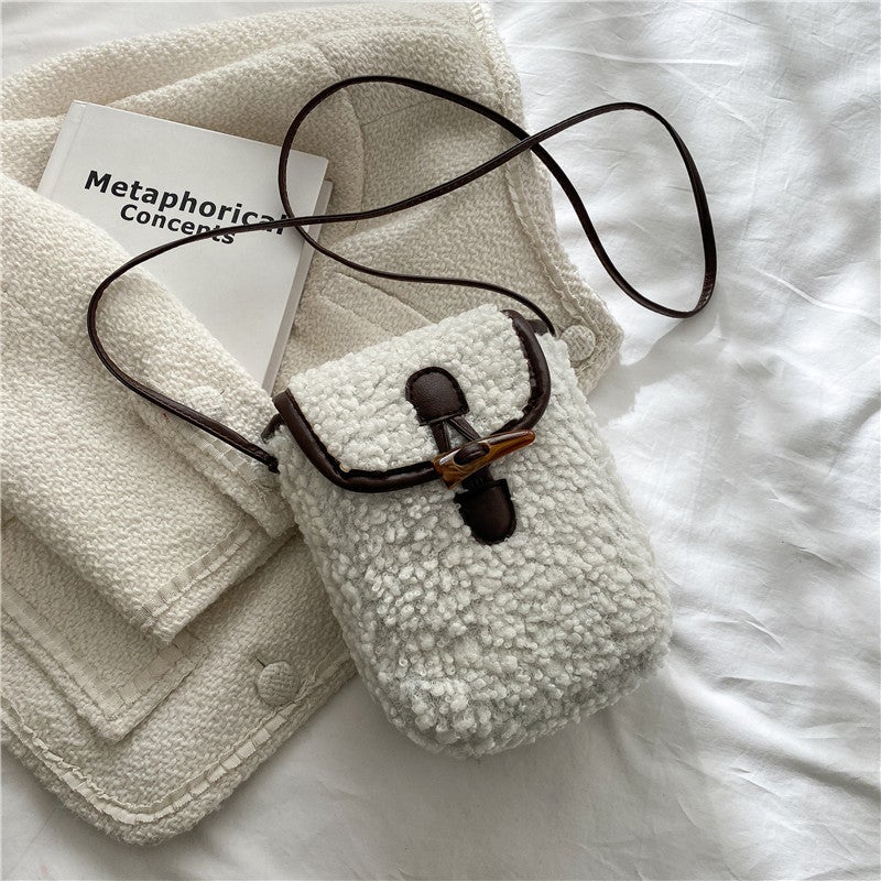 New Mao Mao Bag Mobile Phone Bag Contrast Color Simple Stylish Shoulder Crossbody Small Bag Women'S Vintage Lamb Fleece Bag - Image 1