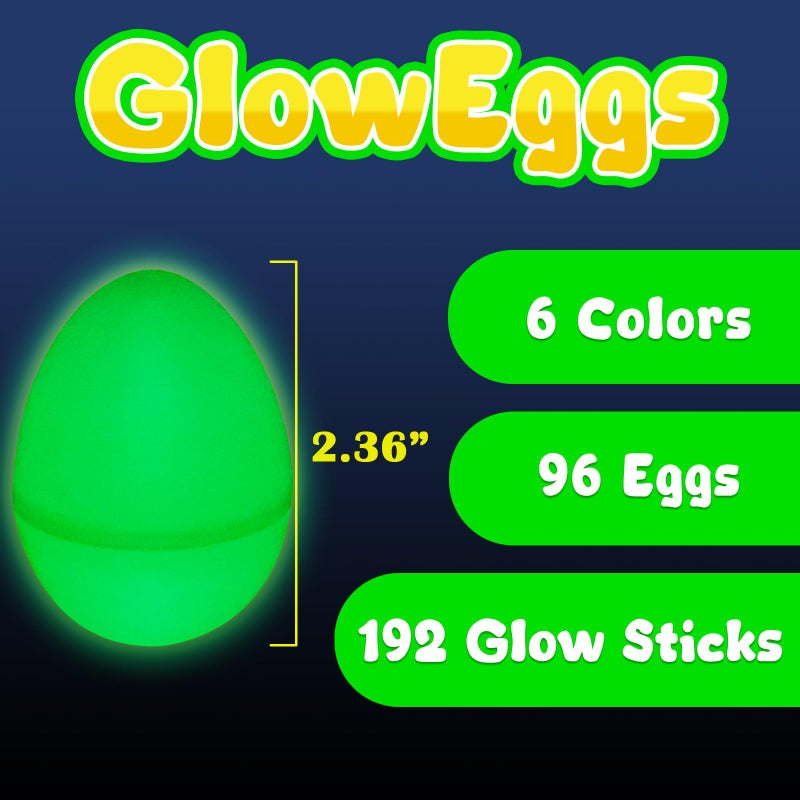 MGparty Glow in The Dark Easter Eggs, 96 Plastic Eggs with 192 Mini Glow Sticks for Kids Easter Basket Stuffers Party Favors Egg Hunt Supplies and Easter Decorations - Image 3