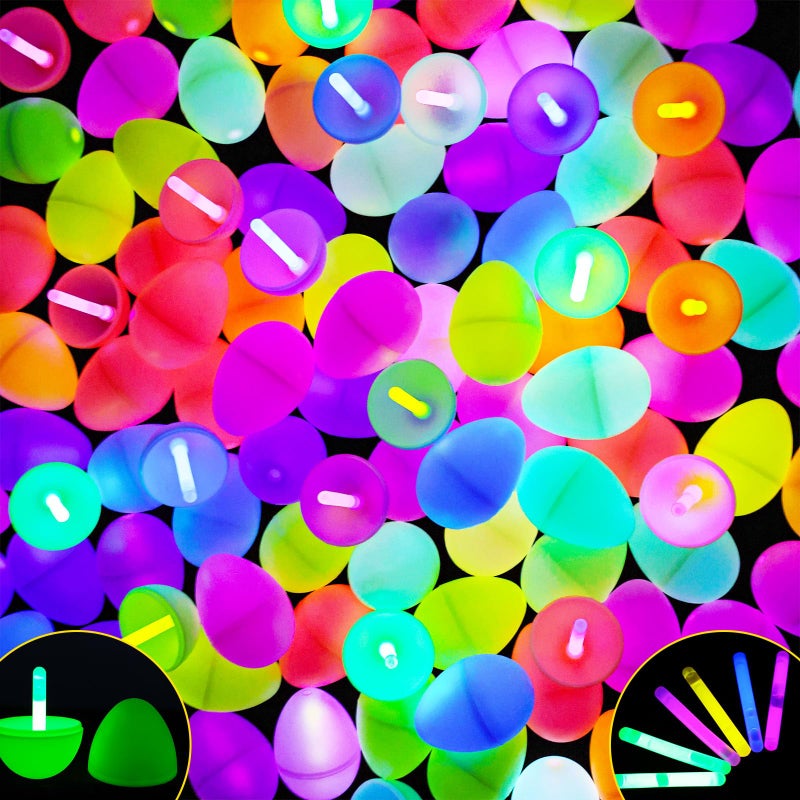 MGparty Glow in The Dark Easter Eggs, 96 Plastic Eggs with 192 Mini Glow Sticks for Kids Easter Basket Stuffers Party Favors Egg Hunt Supplies and Easter Decorations - Image 1