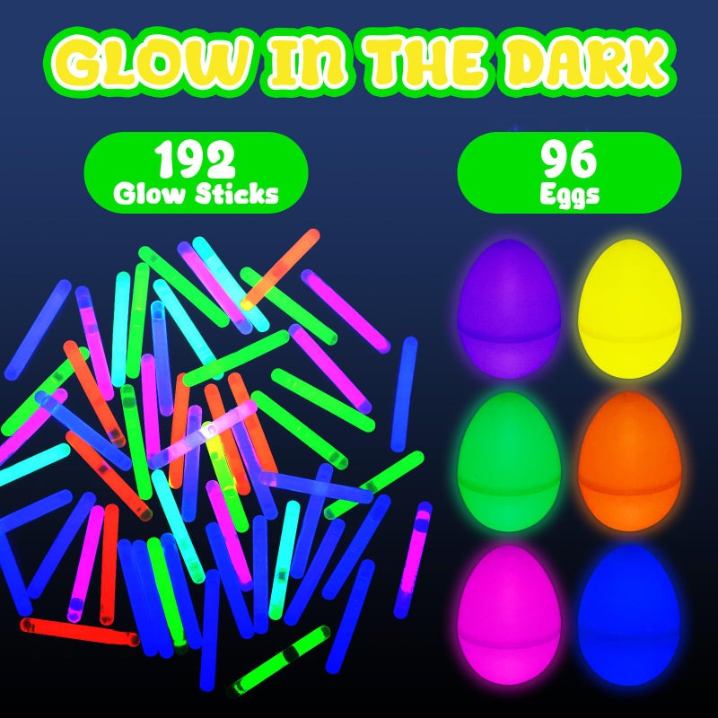 MGparty Glow in The Dark Easter Eggs, 96 Plastic Eggs with 192 Mini Glow Sticks for Kids Easter Basket Stuffers Party Favors Egg Hunt Supplies and Easter Decorations - Image 4