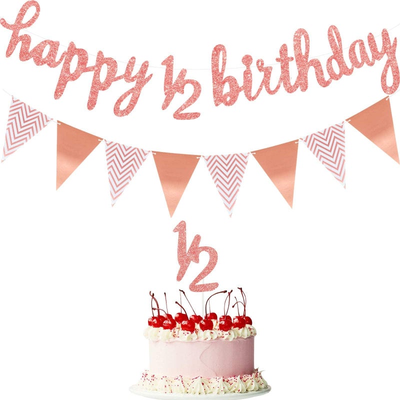 كيلا 6 أشهر لافتة عيد ميلاد سعيد مع بريق كعكة توبر ومثلث علم إكليل للطفل نصف عام زخرفة حفلة عيد ميلاد - Image 1