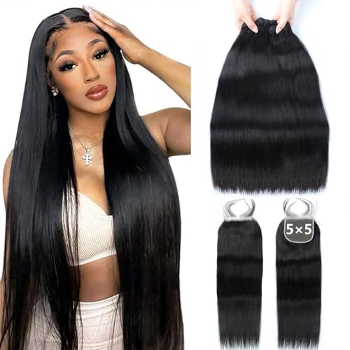 ROYAL IMPRESSION 12A Straight Bundles Human Hair with 5x5 HD Lace Closure (24 26 28+22") 100% Unprocessed Brazilian Virgin Straight Human Hair Weave 3 Bundles with Closure Natural Color - Image 1