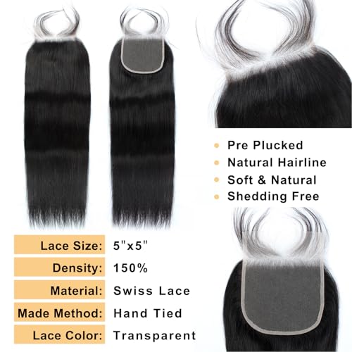 ROYAL IMPRESSION 12A Straight Bundles Human Hair with 5x5 HD Lace Closure (24 26 28+22") 100% Unprocessed Brazilian Virgin Straight Human Hair Weave 3 Bundles with Closure Natural Color - Image 3