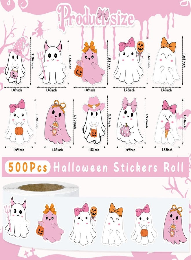 K KUMEED Pink Halloween Stickers Roll Cute Ghost Spooky Waterproof Self-Adhesive Decal Stickers for Halloween Party Envelope Scrapbook Decor DIY Crafts Scrapbooks Halloween Party Decor,500 PCS - Image 2