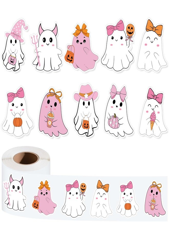 K KUMEED Pink Halloween Stickers Roll Cute Ghost Spooky Waterproof Self-Adhesive Decal Stickers for Halloween Party Envelope Scrapbook Decor DIY Crafts Scrapbooks Halloween Party Decor,500 PCS - Image 1