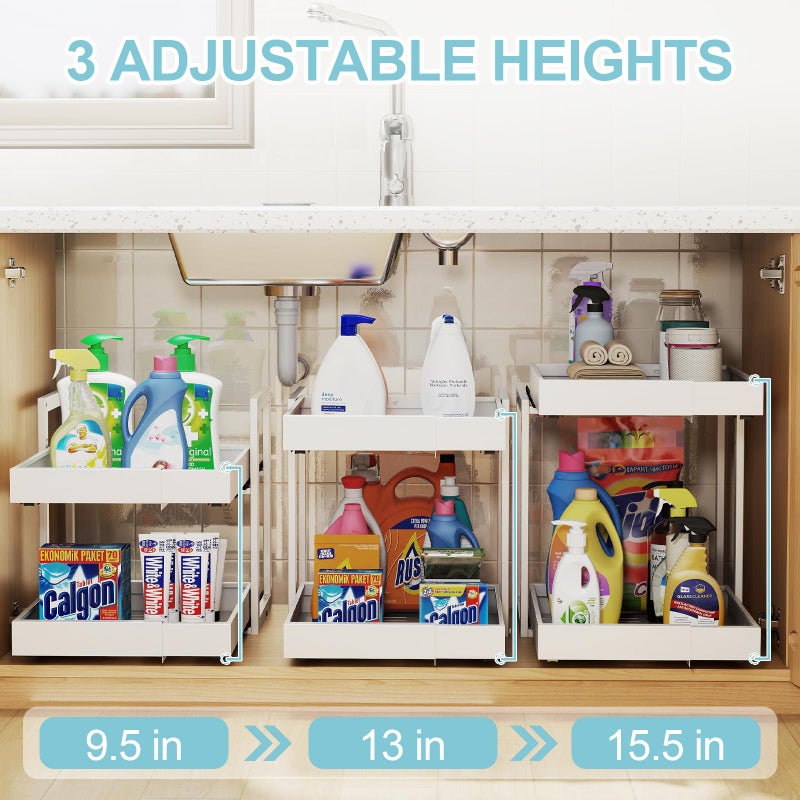 Golener 2-Tier Expandable Pull Out Cabinet Organizer - Slide Out Drawers for Kitchen Cabinets, Bathroom Organizers and Storage, Under Sink Organizer for Kitchen Storage Organization, White Metal Frame - Image 3