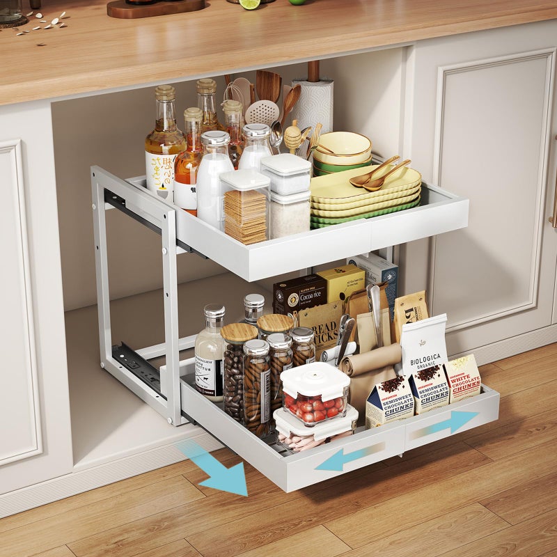 Golener 2-Tier Expandable Pull Out Cabinet Organizer - Slide Out Drawers for Kitchen Cabinets, Bathroom Organizers and Storage, Under Sink Organizer for Kitchen Storage Organization, White Metal Frame - Image 1