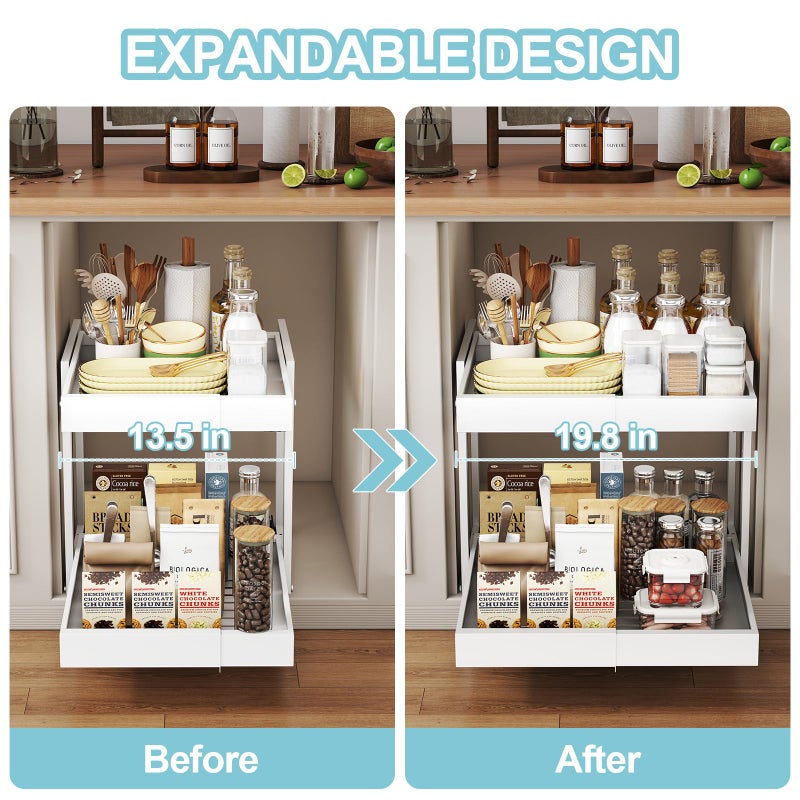 Golener 2-Tier Expandable Pull Out Cabinet Organizer - Slide Out Drawers for Kitchen Cabinets, Bathroom Organizers and Storage, Under Sink Organizer for Kitchen Storage Organization, White Metal Frame - Image 2