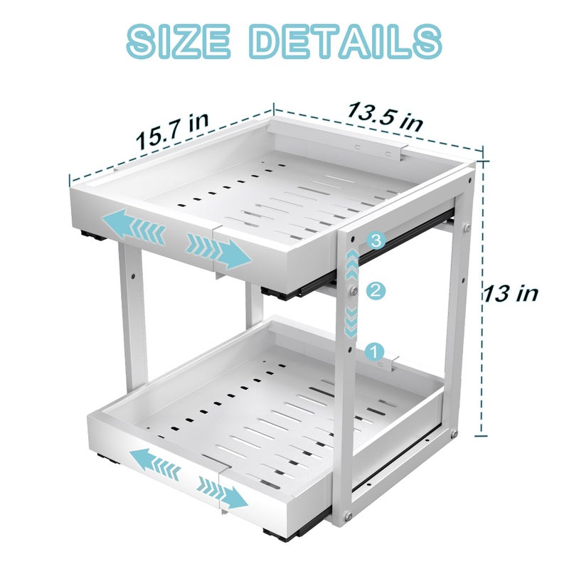 Golener 2-Tier Expandable Pull Out Cabinet Organizer - Slide Out Drawers for Kitchen Cabinets, Bathroom Organizers and Storage, Under Sink Organizer for Kitchen Storage Organization, White Metal Frame - Image 4
