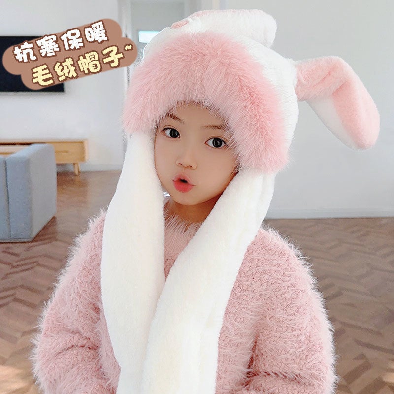 Ears Can Move Cute Rabbit Ears Children'S Hat Scarf Winter Girl Plush Ear Protection Warm Lei Feng Hat - Image 5
