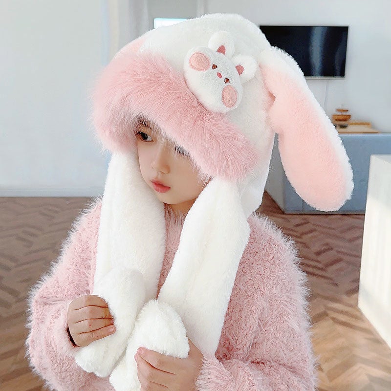 Ears Can Move Cute Rabbit Ears Children'S Hat Scarf Winter Girl Plush Ear Protection Warm Lei Feng Hat - Image 1