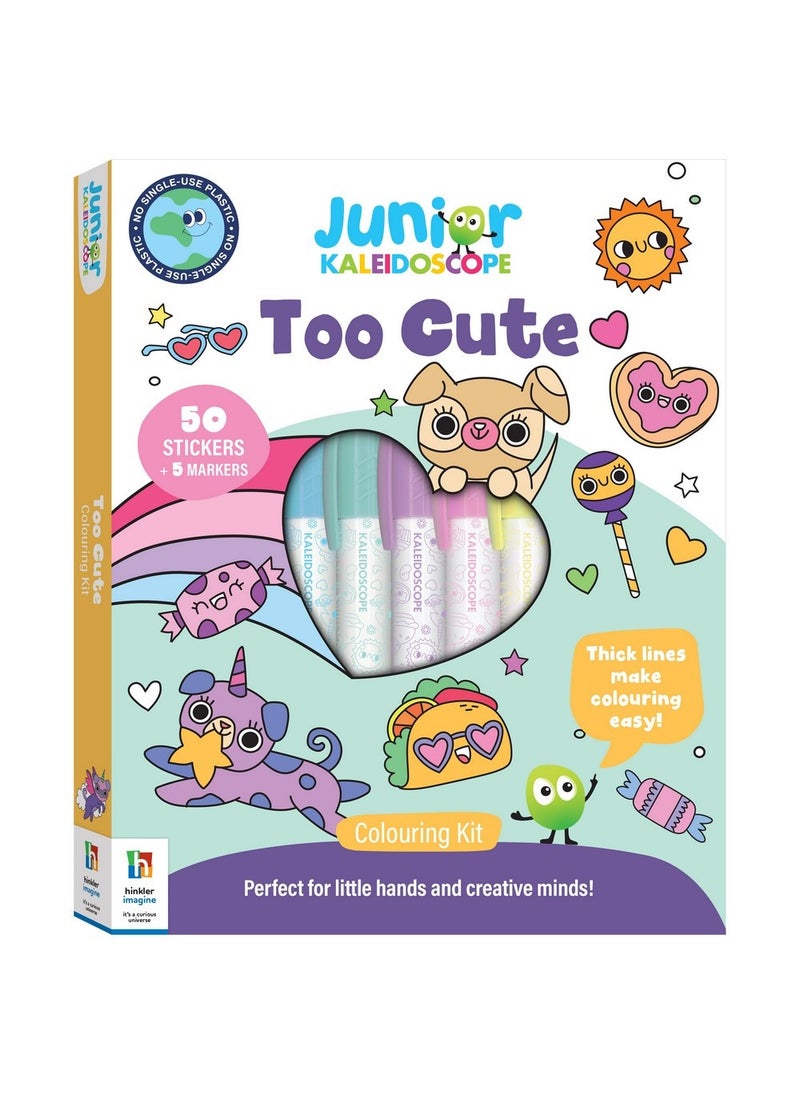 Hinkler Jr Kaleidoscope Colouring Kit – Too Cute Edition, includes 64-page Coloring Book with 50 Stickers and 5 Markers, Adorable Animal Designs for Kids, Ideal Gift for Cute-Themed Art Play - Image 1