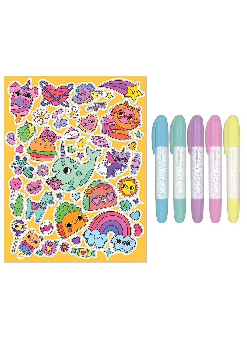 Hinkler Jr Kaleidoscope Colouring Kit – Too Cute Edition, includes 64-page Coloring Book with 50 Stickers and 5 Markers, Adorable Animal Designs for Kids, Ideal Gift for Cute-Themed Art Play - Image 2