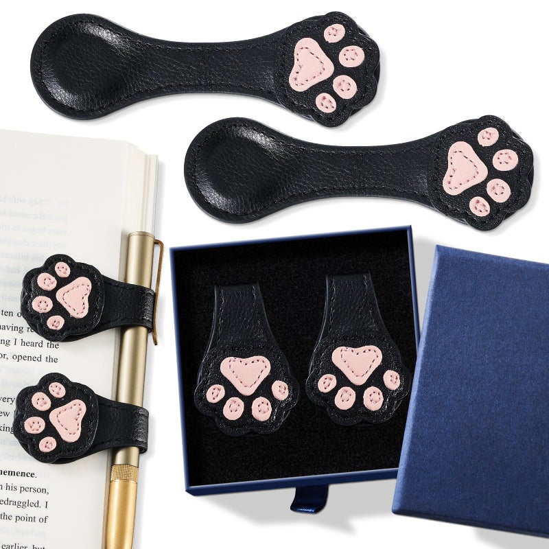 Ovesmusl 2Pcs Magnetic Leather Bookmarks with Gift Box, Magnetic Pen Holder Book Marks Clip Gift for Book Lover Readers Men Women Teachers Students, Paw (Black+Black) - Image 1