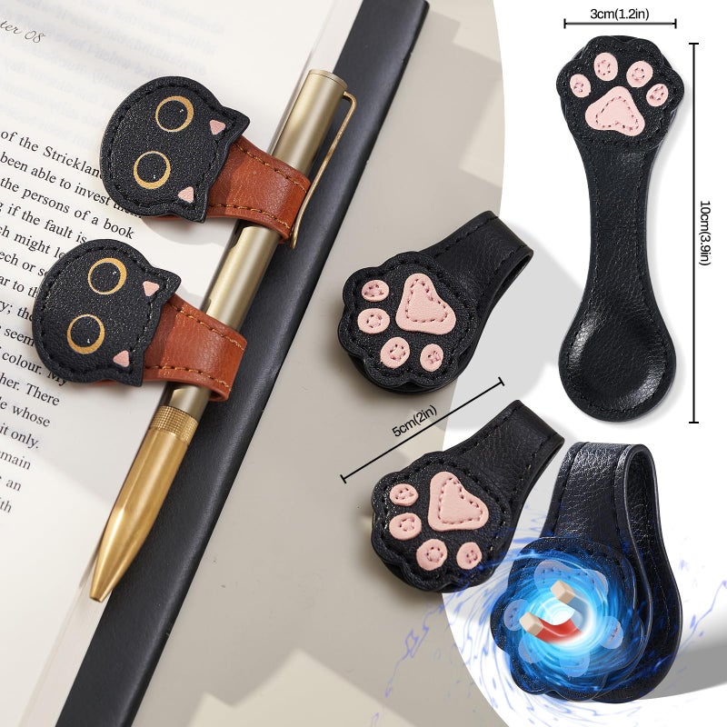 Ovesmusl 2Pcs Magnetic Leather Bookmarks with Gift Box, Magnetic Pen Holder Book Marks Clip Gift for Book Lover Readers Men Women Teachers Students, Paw (Black+Black) - Image 2