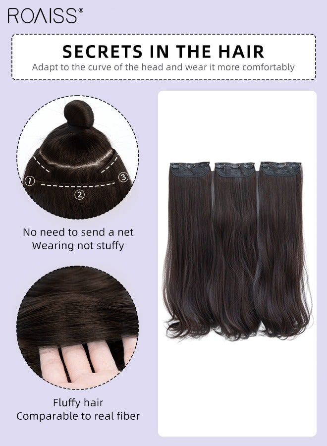 رويس 3 قطع من وصلات الشعر بالمشابك، وصلات شعر صناعية طويلة مجعدة قليلا غير مرئية قابلة للتعديل ومقاومة للحرارة للفتيات والنساء، بني داكن، 45 سم / 60 سم - Image 4