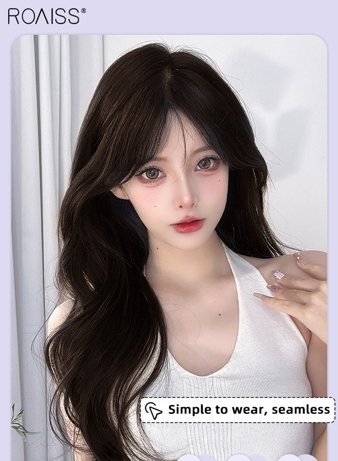 رويس 3 قطع من وصلات الشعر بالمشابك، وصلات شعر صناعية طويلة مجعدة قليلا غير مرئية قابلة للتعديل ومقاومة للحرارة للفتيات والنساء، بني داكن، 45 سم / 60 سم - Image 5