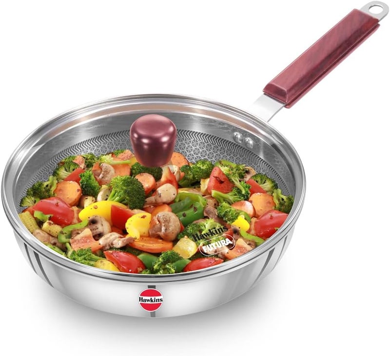 Hawkins 22 cm Triply Stainless Steel Nonstick Frying Pan with Glass Lid and Rosewood Handle - Image 1