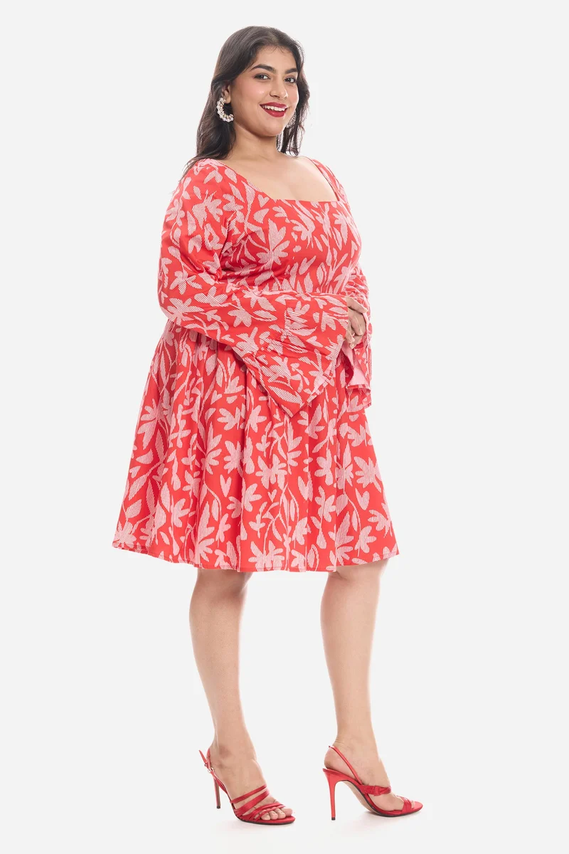 Virgio  Tropical Cotton Godet Mini Plus Size Dress With Puff Sleeves for Women for Women | Best Price UAE