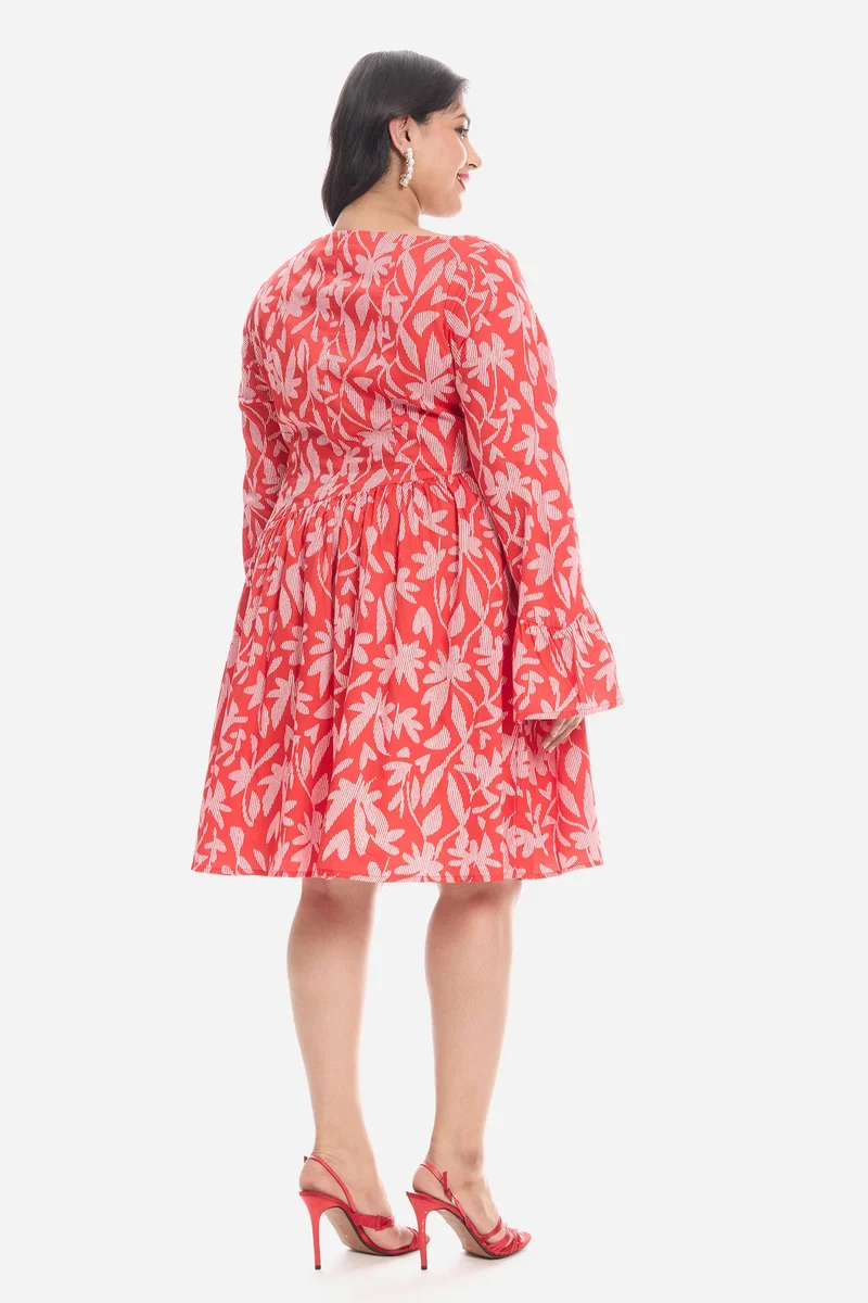 Virgio  Tropical Cotton Godet Mini Plus Size Dress With Puff Sleeves for Women for Women | Best Price UAE