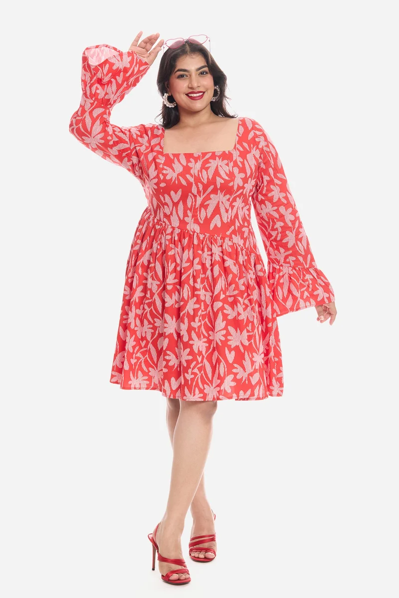Virgio Tropical Cotton Godet Mini Plus Size Dress With Puff Sleeves for Women