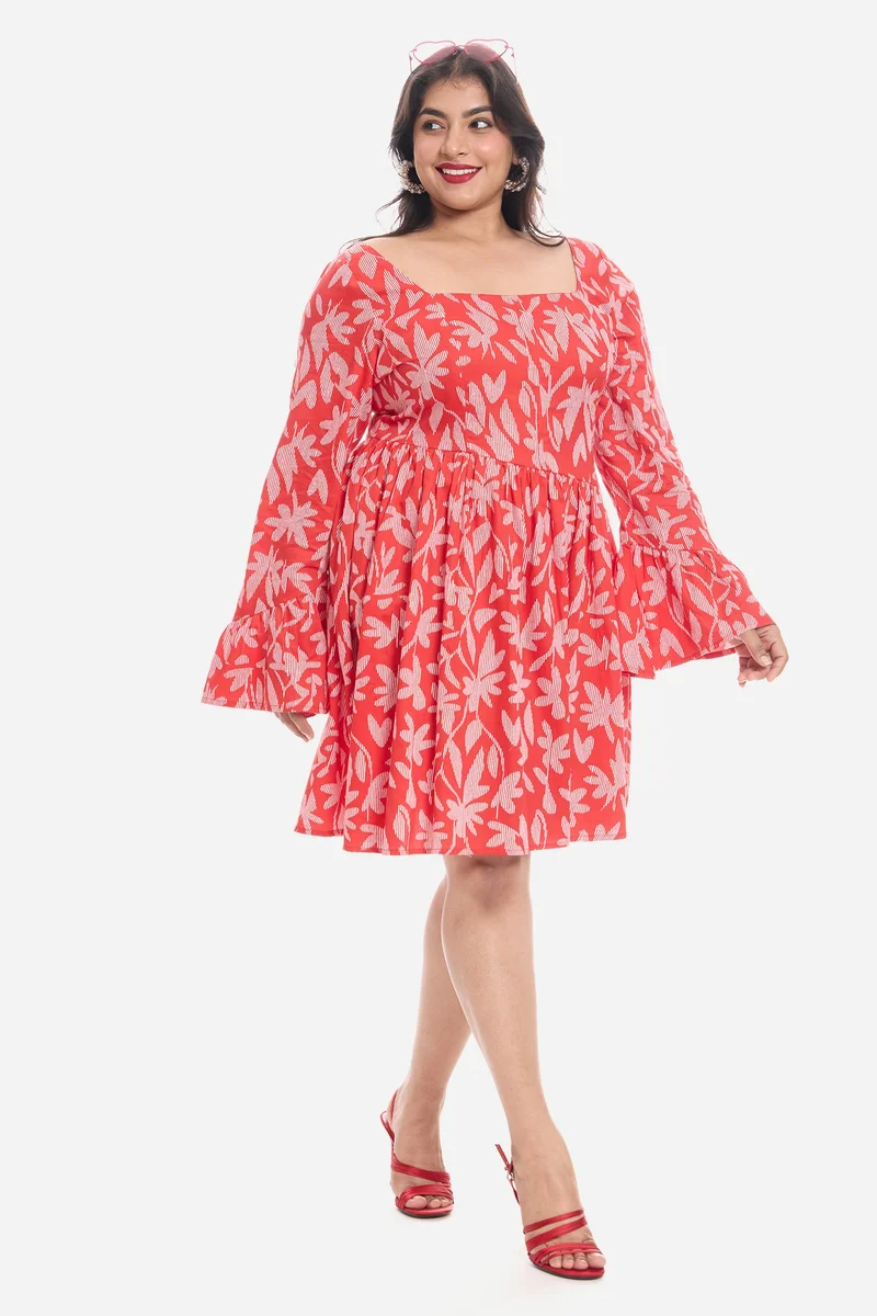 Virgio Tropical Cotton Godet Mini Plus Size Dress With Puff Sleeves for Women