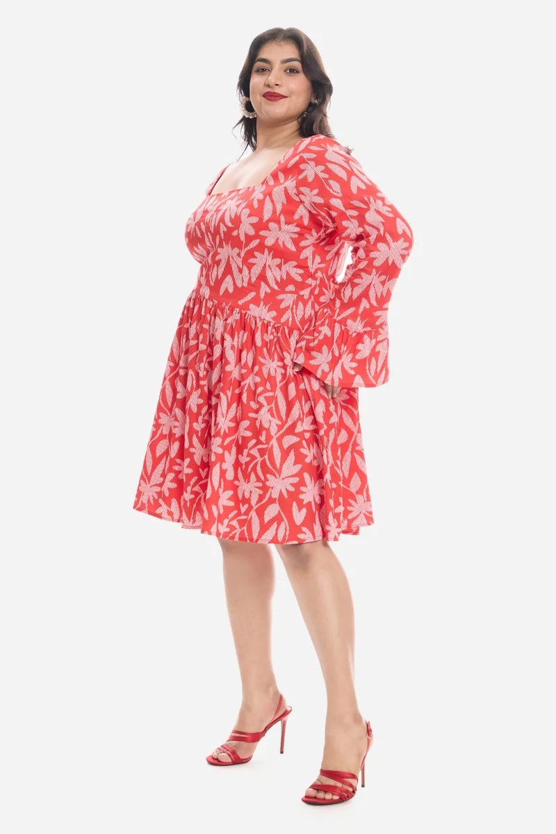 Virgio  Tropical Cotton Godet Mini Plus Size Dress With Puff Sleeves for Women for Women | Best Price UAE
