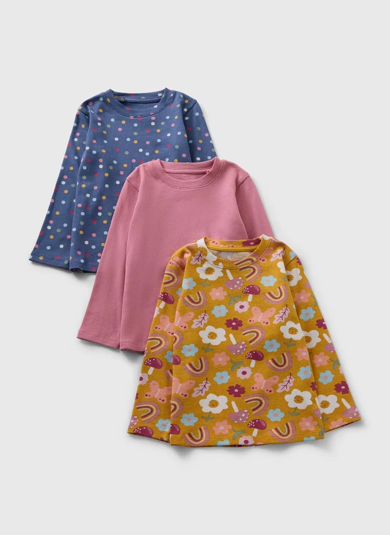 Matalan 3 Pack Girls Mustard Floral Ribbed Long Sleeve T-Shirts