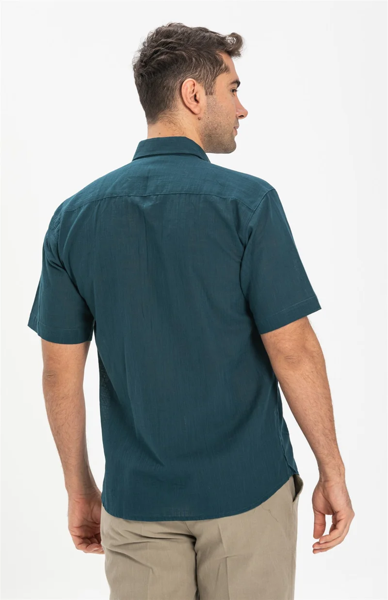 Eliş Şile Bezi Short Sleeve Şile Cloth Single Pocket Men's Shirt Dark Petrol 3069