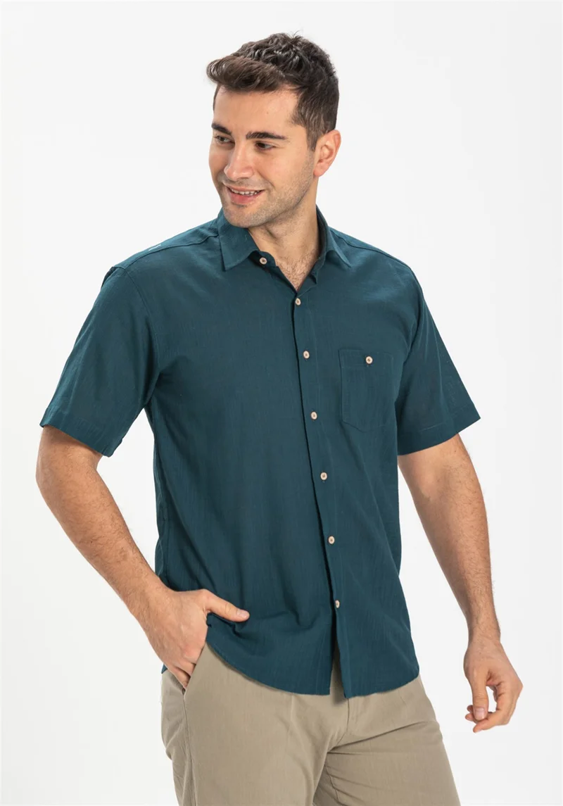 Eliş Şile Bezi Short Sleeve Şile Cloth Single Pocket Men's Shirt Dark Petrol 3069
