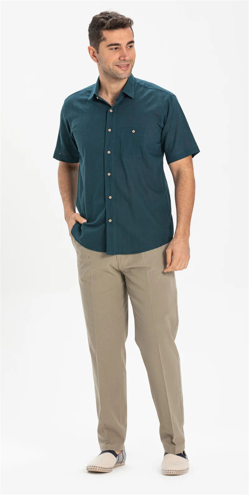 Eliş Şile Bezi Short Sleeve Şile Cloth Single Pocket Men's Shirt Dark Petrol 3069
