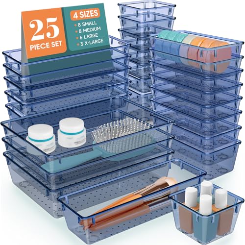 WOWBOX 25 PCS Plastic Drawer Organizer Set, 4 Sizes Desk Drawer Divider Organizers and Storage Bins for Makeup, Jewelry, Gadgets for Kitchen, Bedroom, Bathroom, Office, Clear Dark Blue - Image 1