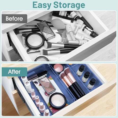 WOWBOX 25 PCS Plastic Drawer Organizer Set, 4 Sizes Desk Drawer Divider Organizers and Storage Bins for Makeup, Jewelry, Gadgets for Kitchen, Bedroom, Bathroom, Office, Clear Dark Blue - Image 4