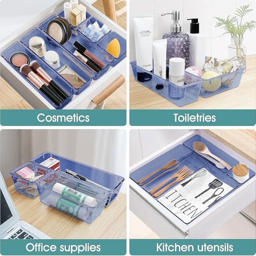 WOWBOX 25 PCS Plastic Drawer Organizer Set, 4 Sizes Desk Drawer Divider Organizers and Storage Bins for Makeup, Jewelry, Gadgets for Kitchen, Bedroom, Bathroom, Office, Clear Dark Blue - Image 5