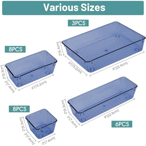 WOWBOX 25 PCS Plastic Drawer Organizer Set, 4 Sizes Desk Drawer Divider Organizers and Storage Bins for Makeup, Jewelry, Gadgets for Kitchen, Bedroom, Bathroom, Office, Clear Dark Blue - Image 2